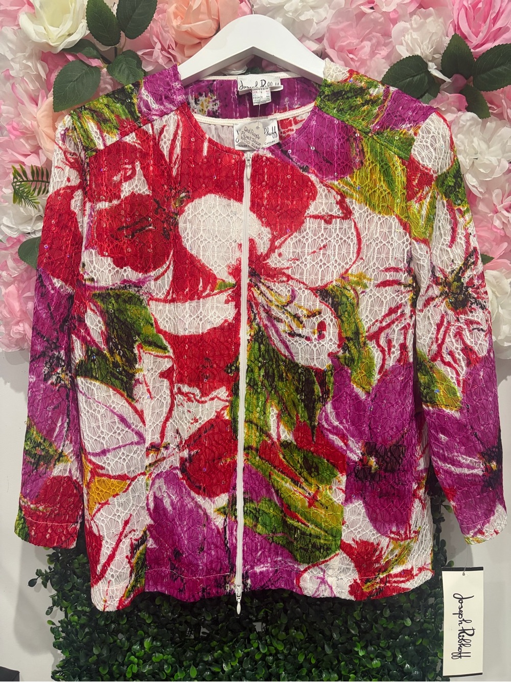 Joseph Ribkoff Floral Lace Zip Jacket w/Top in White, Red & Purple